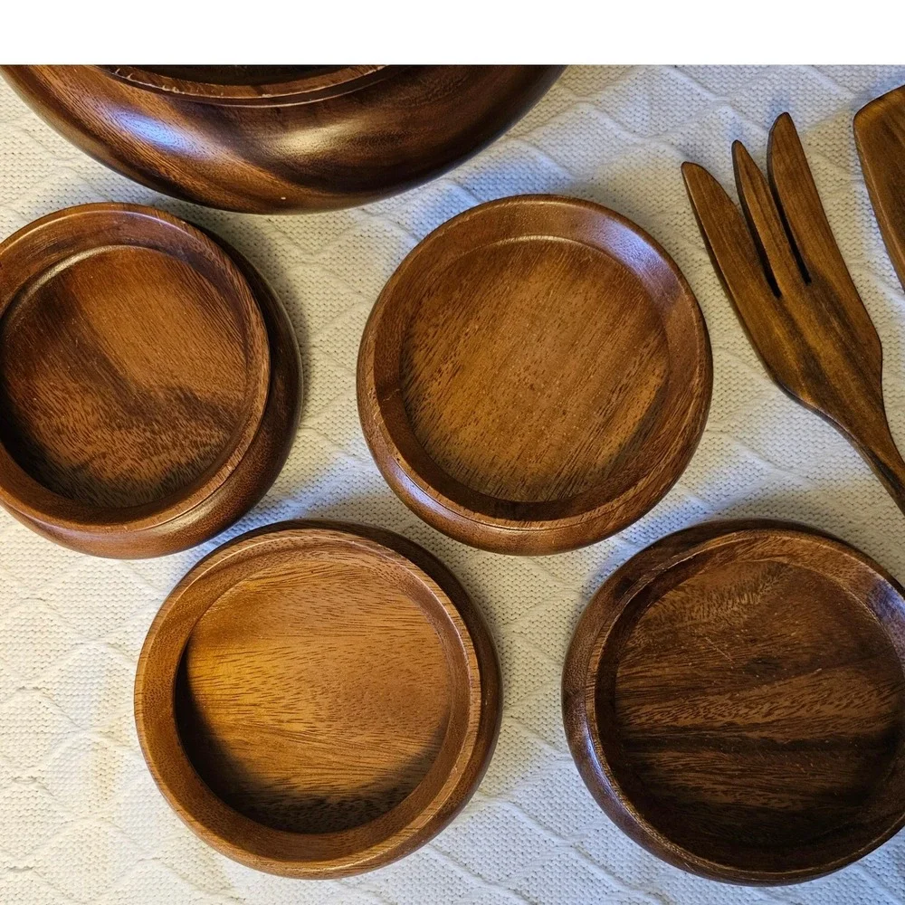 Vintage MCM Monkeypod Wood Salad Bowl Set 10 Piece Set Hawaiian Hand Carved